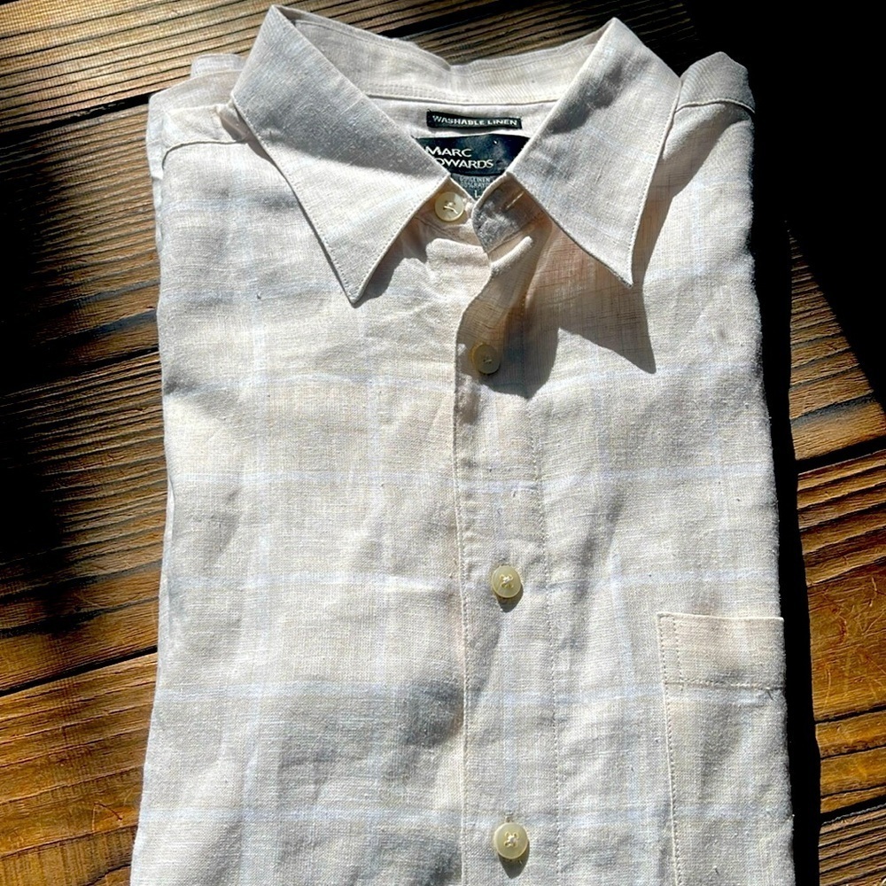 Marc Edwards Tan and Cream Casual Linen Button Down Shirt